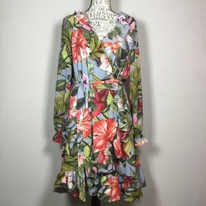 Ella Moss exotic flower pattern midi dress ruffle wrap front belter waist sz M